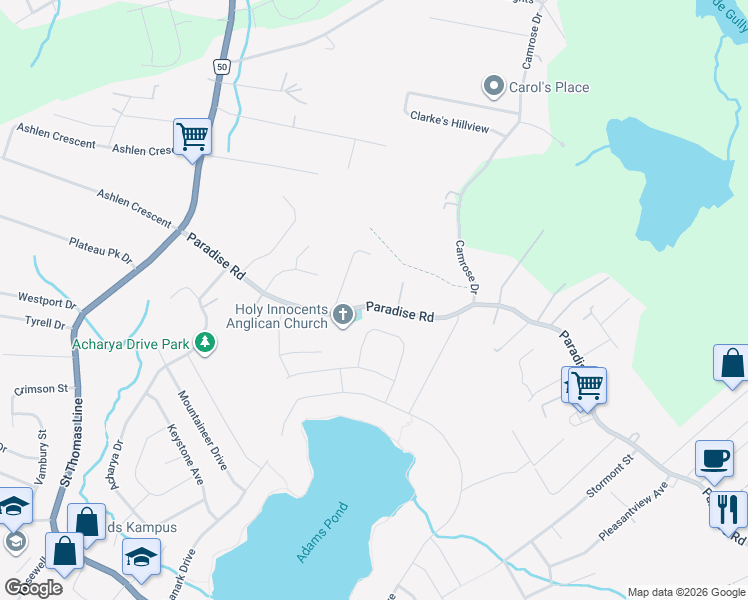 map of restaurants, bars, coffee shops, grocery stores, and more near 288 Paradise Road in Paradise