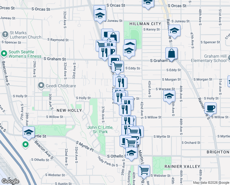 map of restaurants, bars, coffee shops, grocery stores, and more near 3803 South Warsaw Street in Seattle