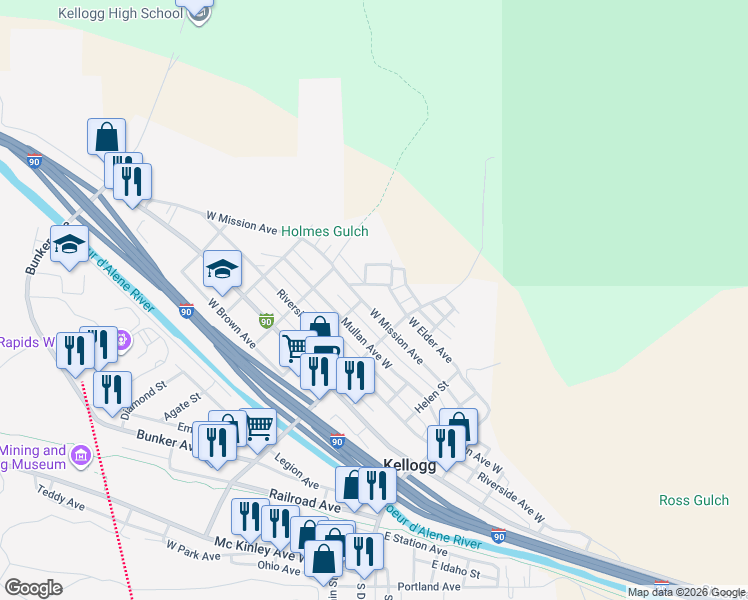 map of restaurants, bars, coffee shops, grocery stores, and more near 211 West Mission Avenue in Kellogg