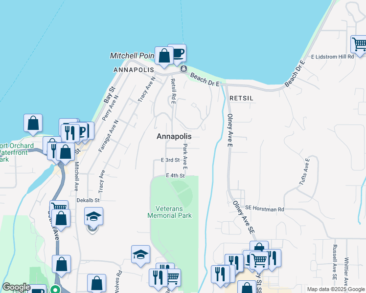 map of restaurants, bars, coffee shops, grocery stores, and more near 1002 Park Avenue East in Port Orchard