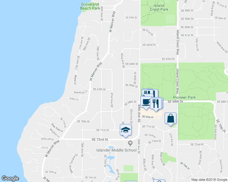 map of restaurants, bars, coffee shops, grocery stores, and more near 6700 81st Avenue Southeast in Mercer Island