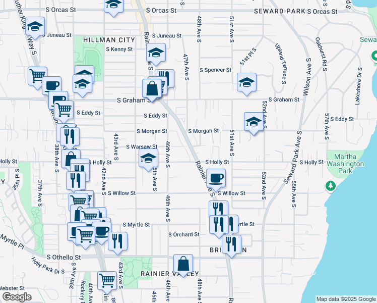 map of restaurants, bars, coffee shops, grocery stores, and more near 4631 South Holly Street in Seattle