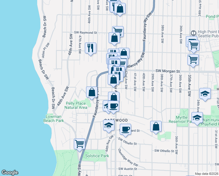 map of restaurants, bars, coffee shops, grocery stores, and more near 4312 Southwest Willow Street in Seattle