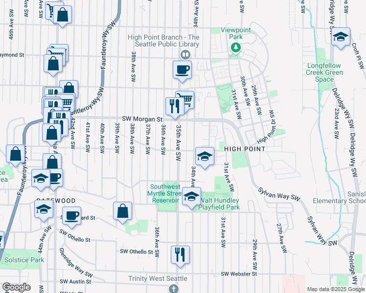 map of restaurants, bars, coffee shops, grocery stores, and more near 6710 35th Avenue Southwest in Seattle