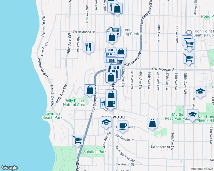 map of restaurants, bars, coffee shops, grocery stores, and more near 4312 Southwest Willow Street in Seattle