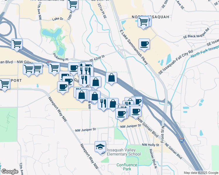 map of restaurants, bars, coffee shops, grocery stores, and more near 600 Northwest Gilman Boulevard in Issaquah