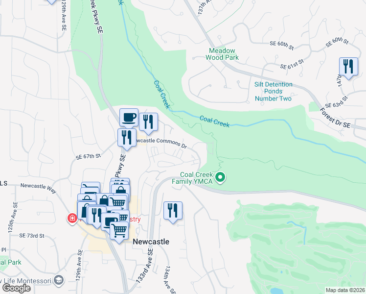 map of restaurants, bars, coffee shops, grocery stores, and more near 13651 Southeast 67th Lane in Newcastle