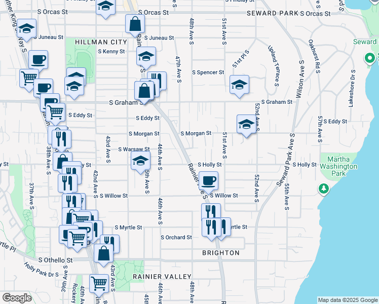 map of restaurants, bars, coffee shops, grocery stores, and more near 4804 South Holly Street in Seattle