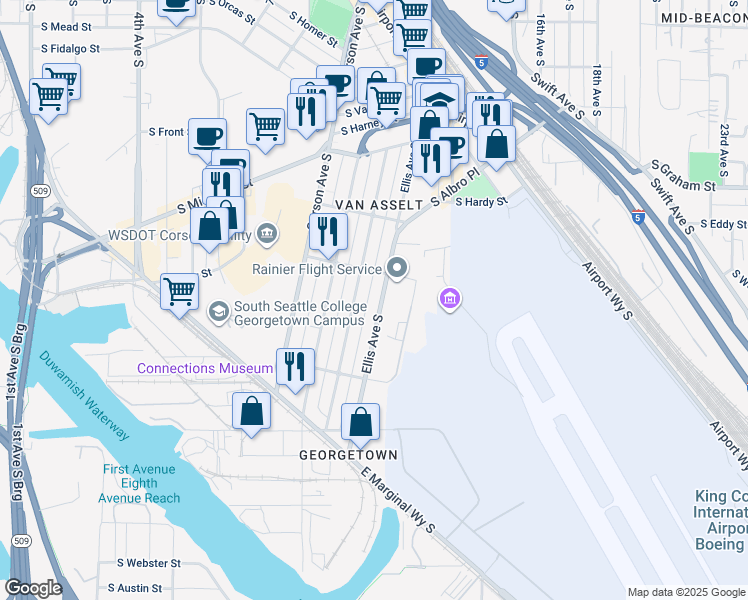 map of restaurants, bars, coffee shops, grocery stores, and more near 6650 Ellis Avenue South in Seattle
