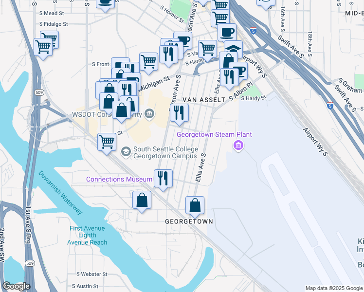 map of restaurants, bars, coffee shops, grocery stores, and more near 6652 Flora Avenue South in Seattle