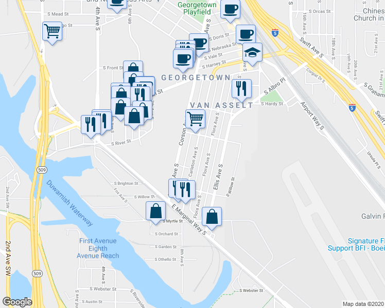 map of restaurants, bars, coffee shops, grocery stores, and more near 6663 Carleton Avenue South in Seattle