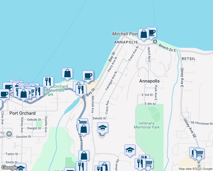 map of restaurants, bars, coffee shops, grocery stores, and more near 217 Farragut Avenue North in Port Orchard