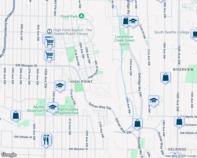 map of restaurants, bars, coffee shops, grocery stores, and more near 6552 High Point Drive Southwest in Seattle