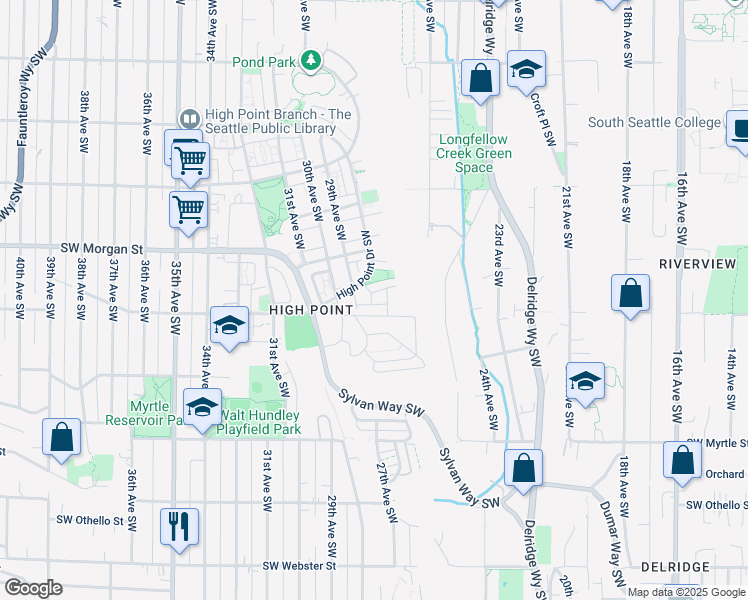 map of restaurants, bars, coffee shops, grocery stores, and more near 6552 High Point Drive Southwest in Seattle