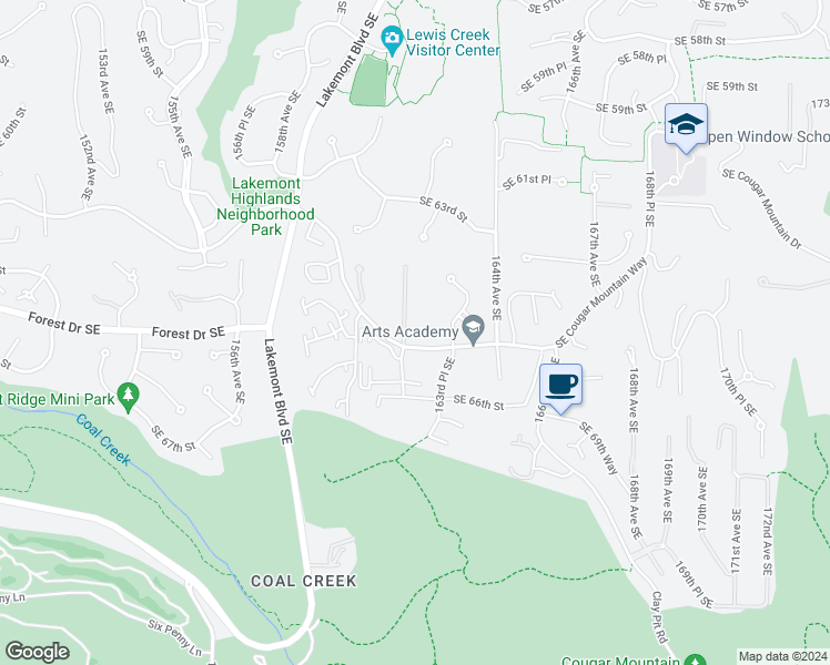 map of restaurants, bars, coffee shops, grocery stores, and more near 6564 161st Place Southeast in Bellevue