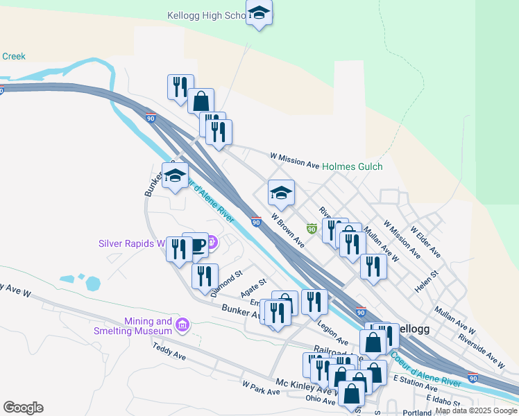 map of restaurants, bars, coffee shops, grocery stores, and more near 515 West Brown Avenue in Kellogg