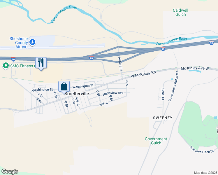 map of restaurants, bars, coffee shops, grocery stores, and more near 120 Main Street in Smelterville