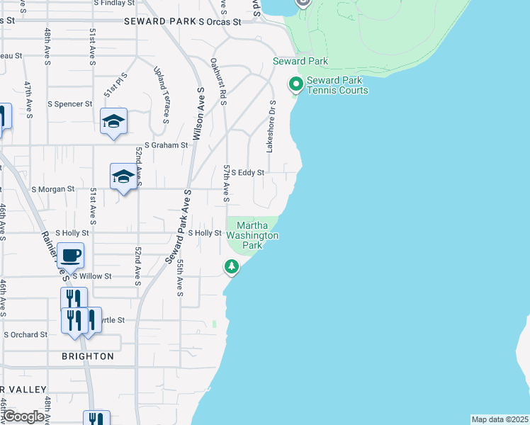 map of restaurants, bars, coffee shops, grocery stores, and more near 5770 South Oaklawn Place in Seattle