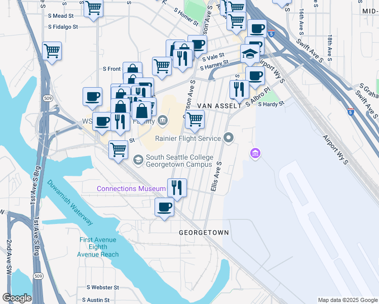 map of restaurants, bars, coffee shops, grocery stores, and more near 6612 Corson Avenue South in Seattle
