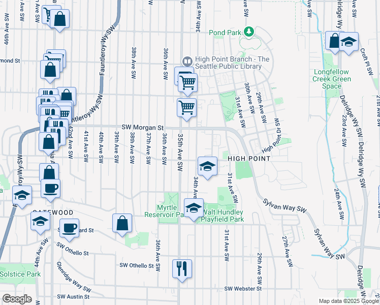 map of restaurants, bars, coffee shops, grocery stores, and more near 6520 35th Avenue Southwest in Seattle