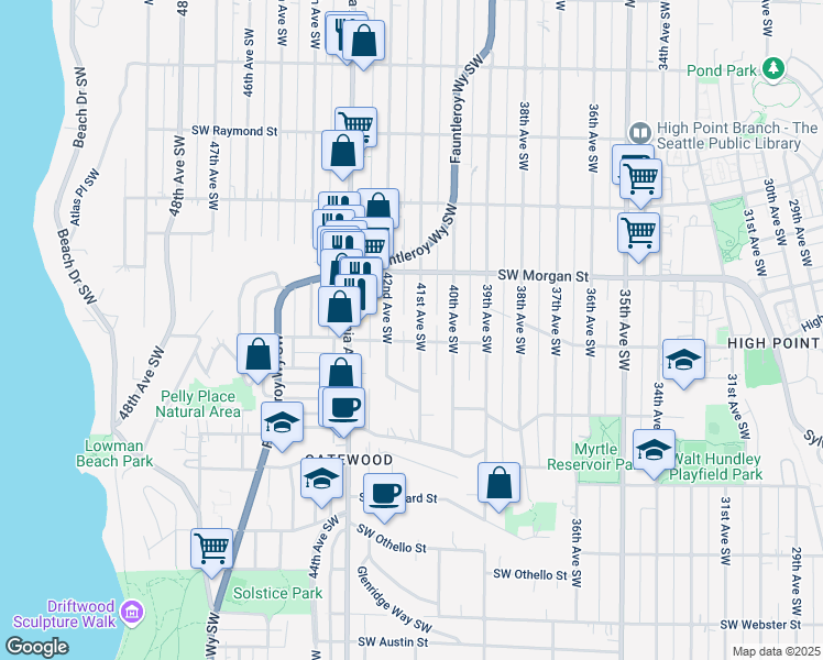 map of restaurants, bars, coffee shops, grocery stores, and more near 6527 41st Avenue Southwest in Seattle