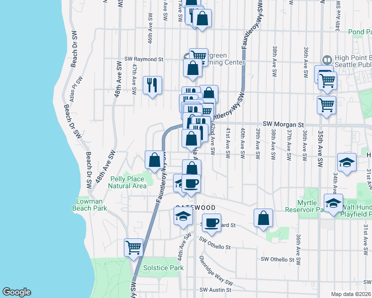 map of restaurants, bars, coffee shops, grocery stores, and more near 6520 44th Avenue Southwest in Seattle