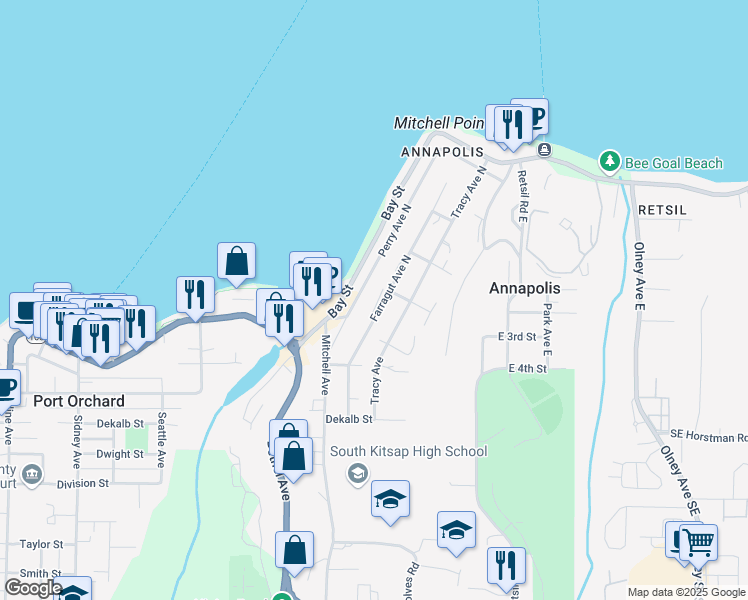 map of restaurants, bars, coffee shops, grocery stores, and more near 305 Perry Avenue North in Port Orchard