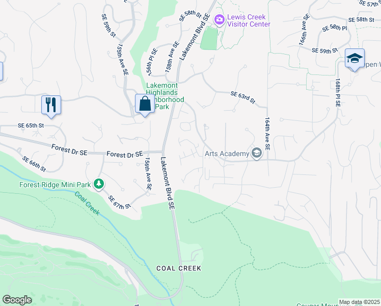 map of restaurants, bars, coffee shops, grocery stores, and more near 6627 Southeast Cougar Mountain Way in Bellevue