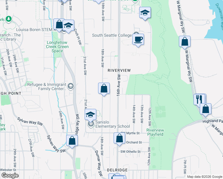 map of restaurants, bars, coffee shops, grocery stores, and more near 17th Avenue Southwest in Seattle