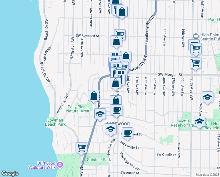 map of restaurants, bars, coffee shops, grocery stores, and more near 6520 44th Avenue Southwest in Seattle