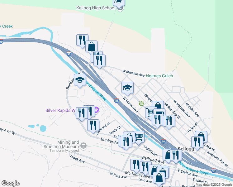 map of restaurants, bars, coffee shops, grocery stores, and more near 515 West Brown Avenue in Kellogg