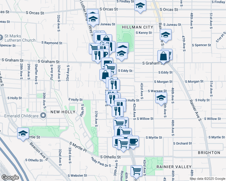 map of restaurants, bars, coffee shops, grocery stores, and more near 6511 38th Avenue South in Seattle