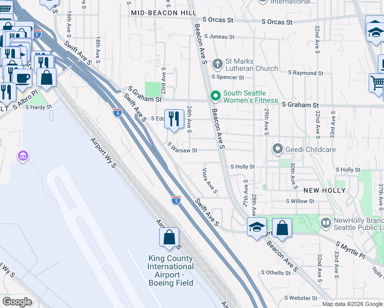 map of restaurants, bars, coffee shops, grocery stores, and more near 6511 24th Avenue South in Seattle