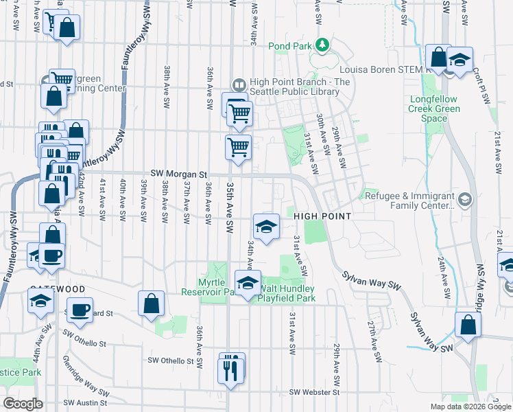 map of restaurants, bars, coffee shops, grocery stores, and more near 6520 34th Avenue Southwest in Seattle