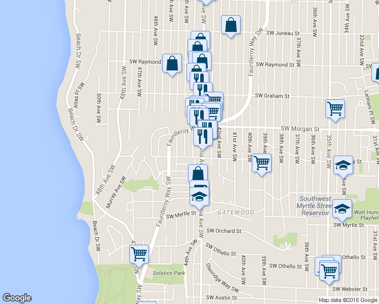 map of restaurants, bars, coffee shops, grocery stores, and more near 6520 44th Avenue Southwest in Seattle