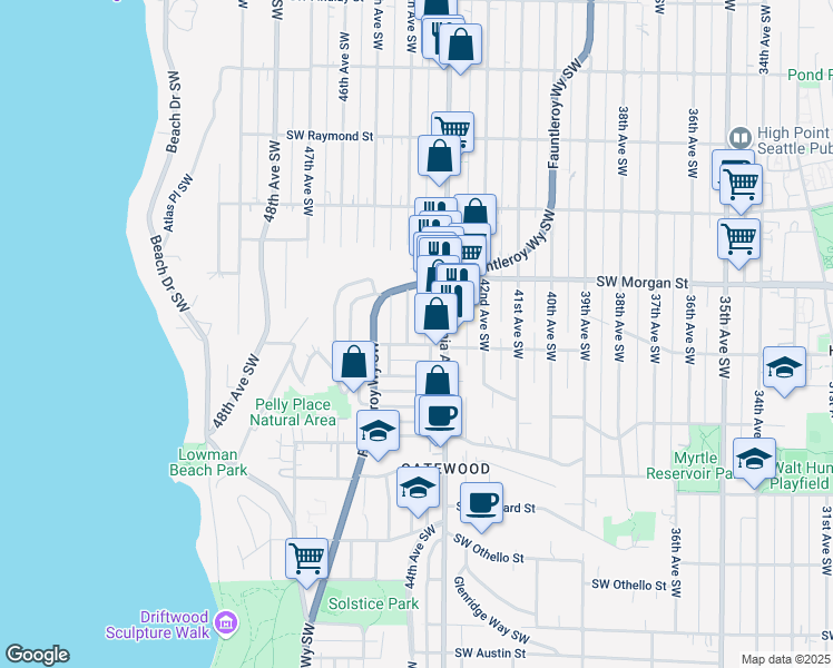 map of restaurants, bars, coffee shops, grocery stores, and more near 6520 44th Avenue Southwest in Seattle