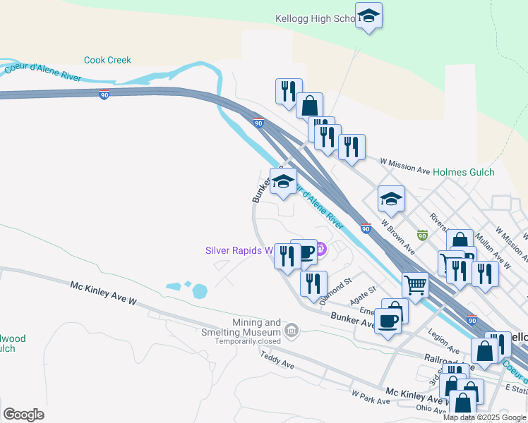 map of restaurants, bars, coffee shops, grocery stores, and more near 800 Bunker Avenue in Kellogg