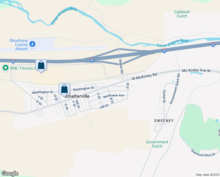 map of restaurants, bars, coffee shops, grocery stores, and more near 125 Main Street in Smelterville