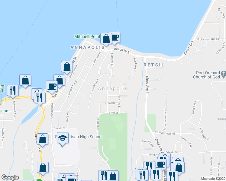 map of restaurants, bars, coffee shops, grocery stores, and more near 2662 East 1st Street in Port Orchard