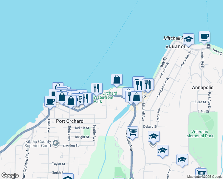 map of restaurants, bars, coffee shops, grocery stores, and more near 1121 Bay Street in Port Orchard