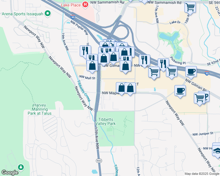 map of restaurants, bars, coffee shops, grocery stores, and more near 1575 Northwest Mall Street in Issaquah