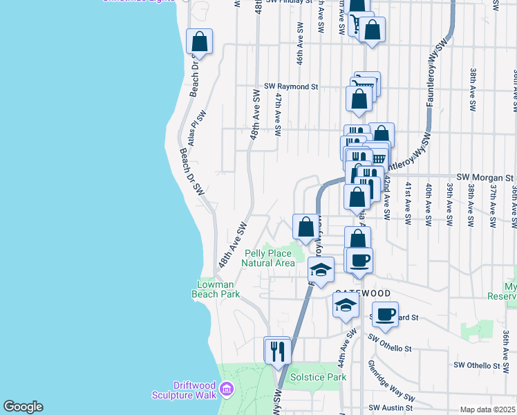 map of restaurants, bars, coffee shops, grocery stores, and more near 6472 48th Avenue Southwest in Seattle
