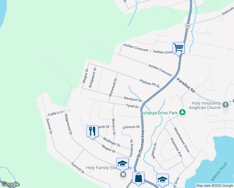 map of restaurants, bars, coffee shops, grocery stores, and more near 36 Westport Drive in Paradise