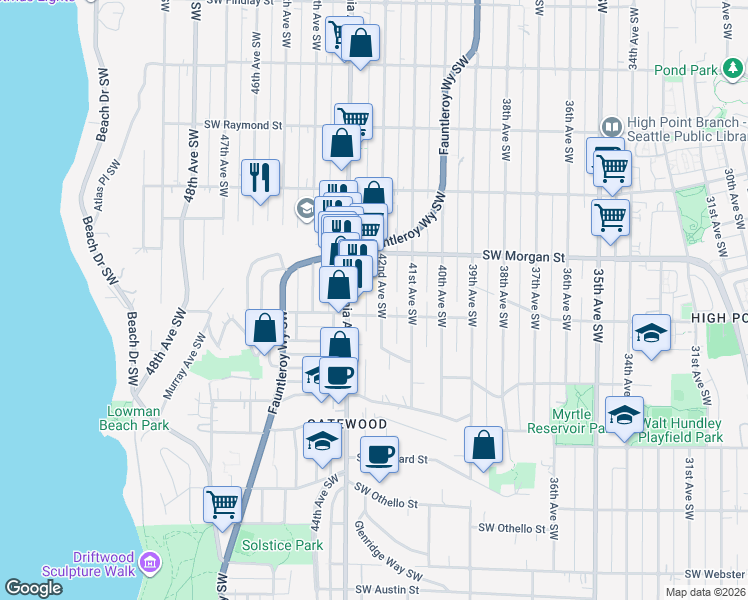 map of restaurants, bars, coffee shops, grocery stores, and more near 6547 42nd Avenue Southwest in Seattle