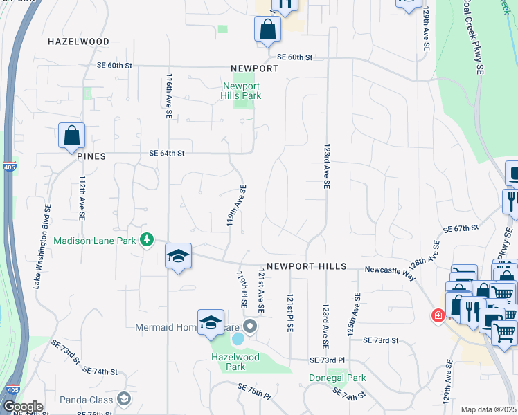 map of restaurants, bars, coffee shops, grocery stores, and more near 6502 121st Avenue Southeast in Bellevue