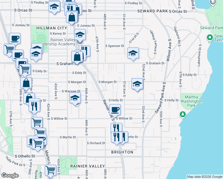 map of restaurants, bars, coffee shops, grocery stores, and more near 6506 48th Avenue South in Seattle