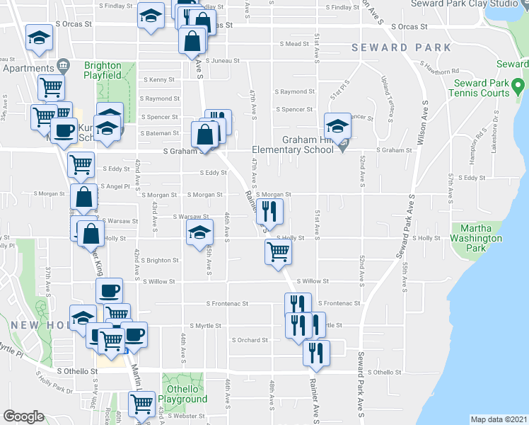 map of restaurants, bars, coffee shops, grocery stores, and more near 6506 48th Avenue South in Seattle