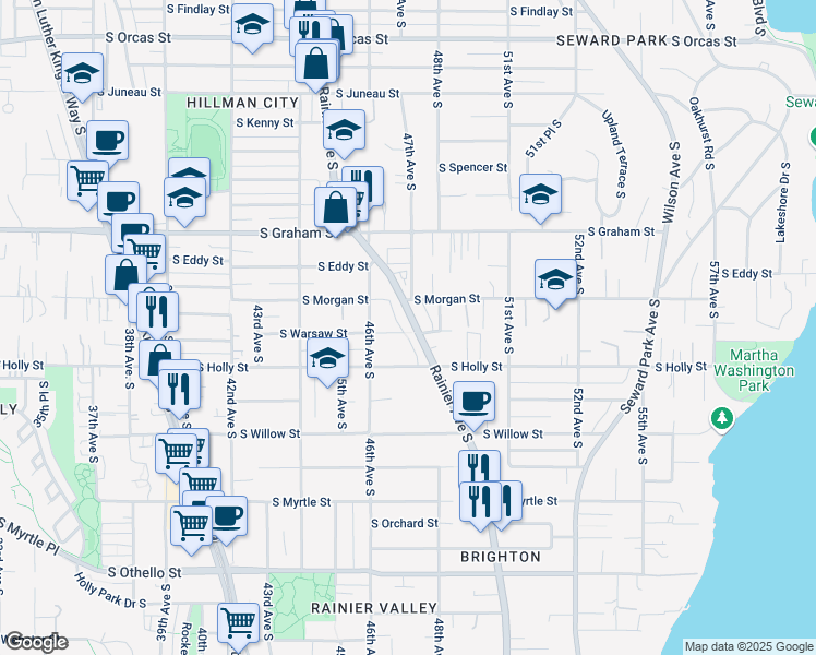 map of restaurants, bars, coffee shops, grocery stores, and more near 6509 Rainier Avenue South in Seattle