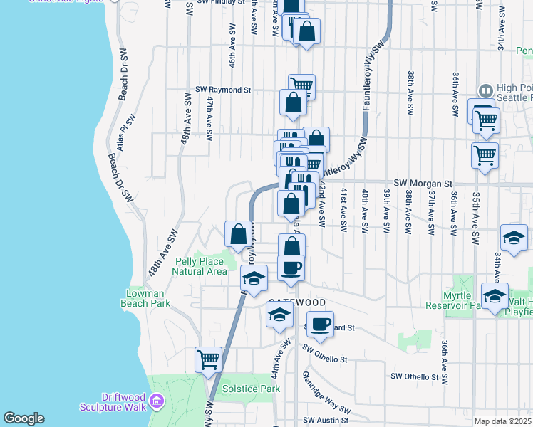map of restaurants, bars, coffee shops, grocery stores, and more near 6612 Fauntleroy Way Southwest in Seattle