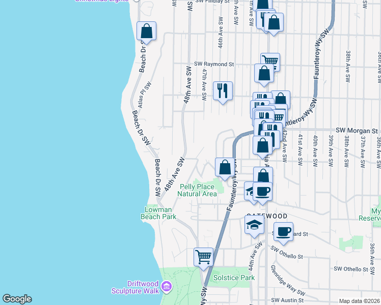 map of restaurants, bars, coffee shops, grocery stores, and more near 6472 48th Avenue Southwest in Seattle